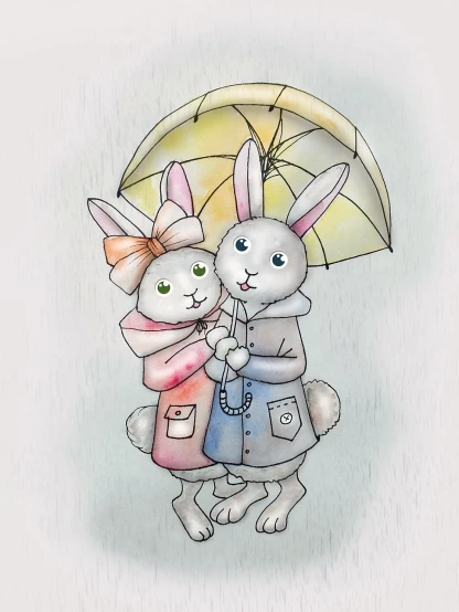 a couple of rabbits standing next to each other under an umbrella, pop surrealism, watercolor effect, hugs, colored screentone, closeup photo
