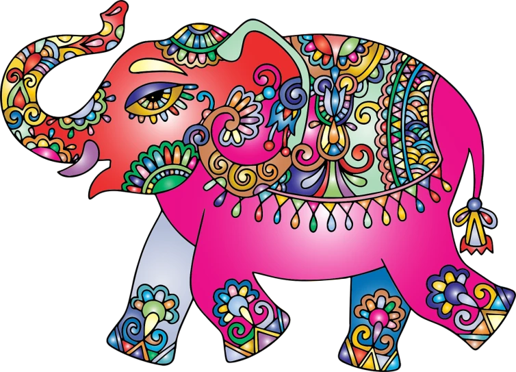 a colorful elephant on a black background, a digital rendering, inspired by Laurel Burch, pixabay, toyism, pig, colored illustration for tattoo, elaborate illustration, asura from chinese myth