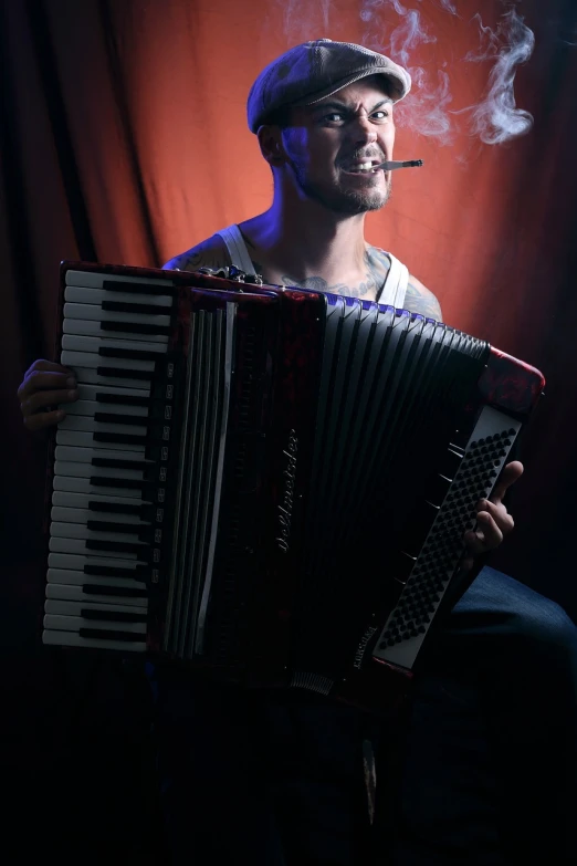 a man smokes a cigarette while playing an accordion, a portrait, romanticism, shot at dark with studio lights, modern very sharp photo