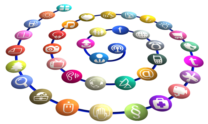 a circle of colorful social icons on a black background, a digital rendering, by Justin Sweet, flickr, 3 d cg, twisting, y 2 k, bubbles ”