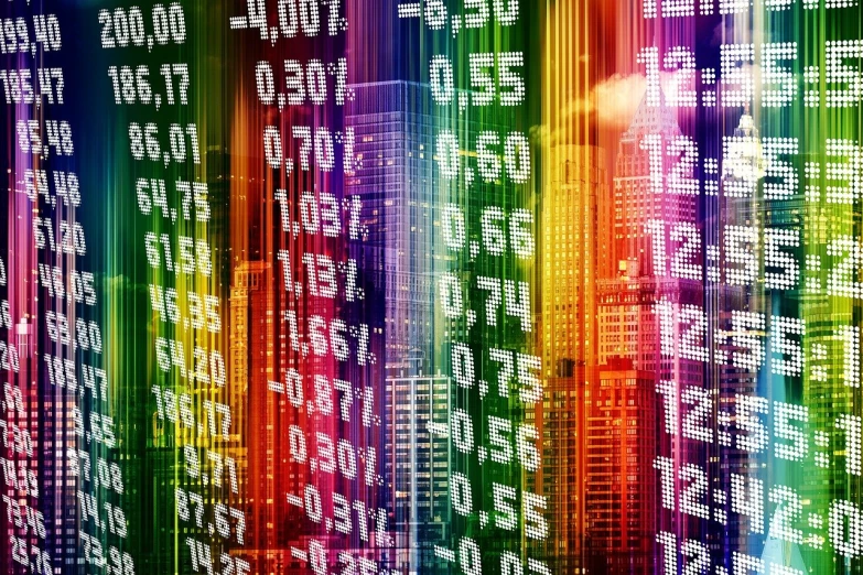 a wall that has a lot of numbers on it, a digital rendering, by Bernard Meninsky, shutterstock, digital art, trading stocks, colorful building, document photo, skyline showing