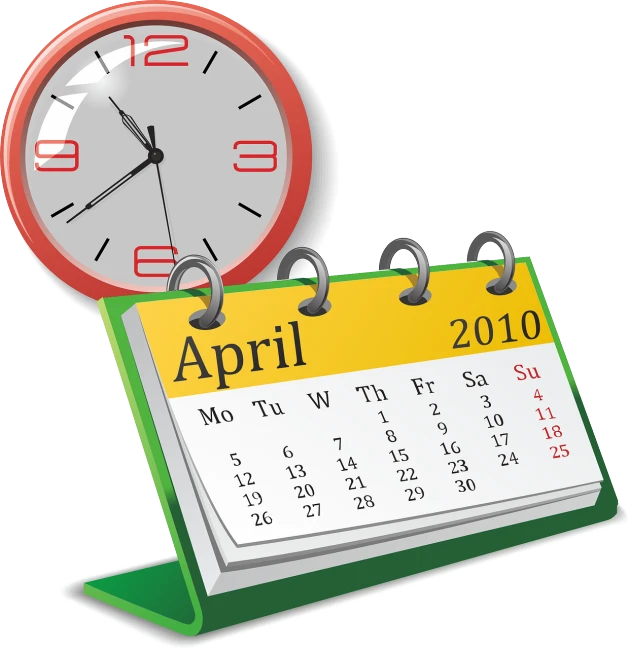 a calendar sitting on top of a desk next to a clock, by David Garner, happening, vector illustration, render of april, may 1 0, courful illustration