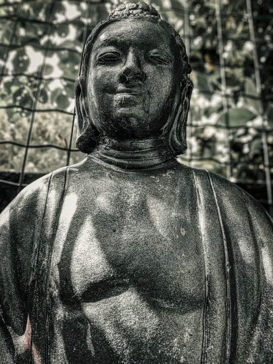 a black and white photo of a statue, a statue, inspired by Kaigetsudō Anchi, hdr detail, joyful smirk, bronze!! (eos 5ds r, in japanese garden