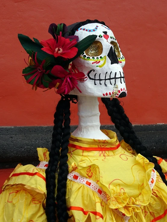 a woman in a yellow dress with a flower in her hair, a statue, by Gina Pellón, flickr, skull face paint, red black white golden colors, cute skeleton, clothes made out of flower