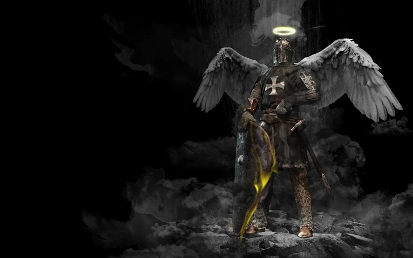 an image of an angel standing in the dark, concept art, fantasy art, medieval holy crusader knight, npc with a saint\'s halo, computer wallpaper, tim bradstreet