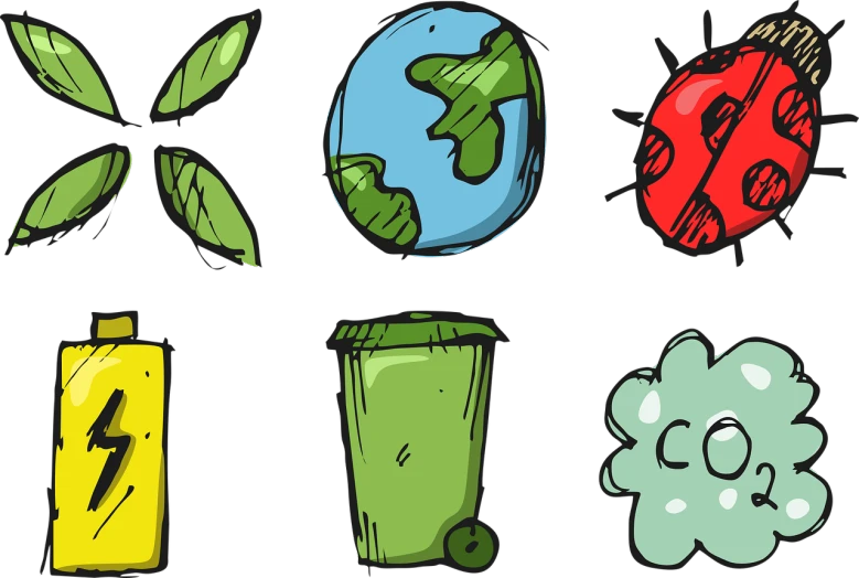 a bunch of different colored objects on a black background, concept art, by Viktor Oliva, trending on pixabay, plasticien, global warming, hand drawn cartoon, green and black color scheme, icons