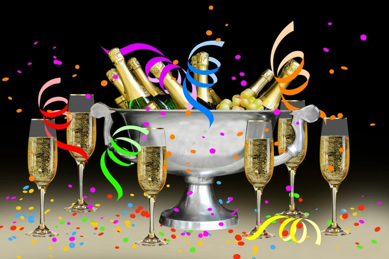 a group of glasses filled with champagne and confetti, a digital rendering, by Melissa Benson, well done picture high quality, stock photo