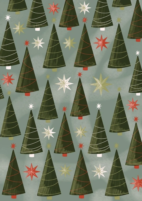 a group of christmas trees sitting next to each other, inspired by Ernest William Christmas, folk art, wallpaper design, starlight, stylised hand painted textures, 1950s illustration style