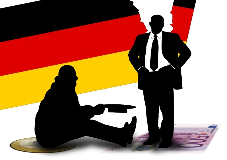 a man in a suit standing in front of a german flag, an illustration of, by Karl Pümpin, trending on pixabay, stuckism, people on the ground, banknote, two men in black, coward