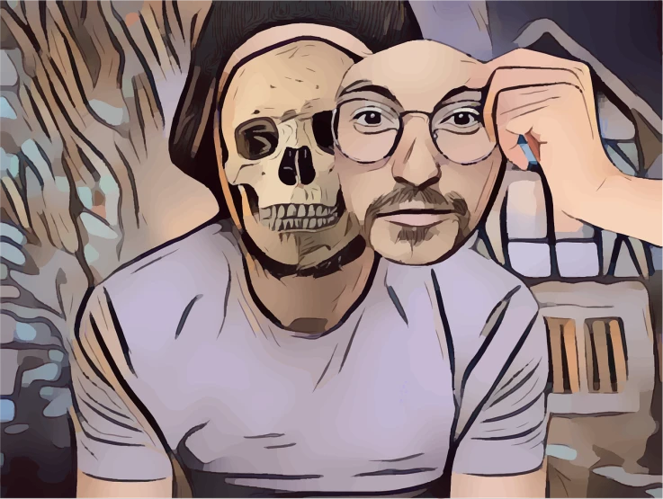a drawing of a man with a skull on his face, a digital painting, inspired by Dan Smith, selfie photo, random background scene, doug walker, in art style