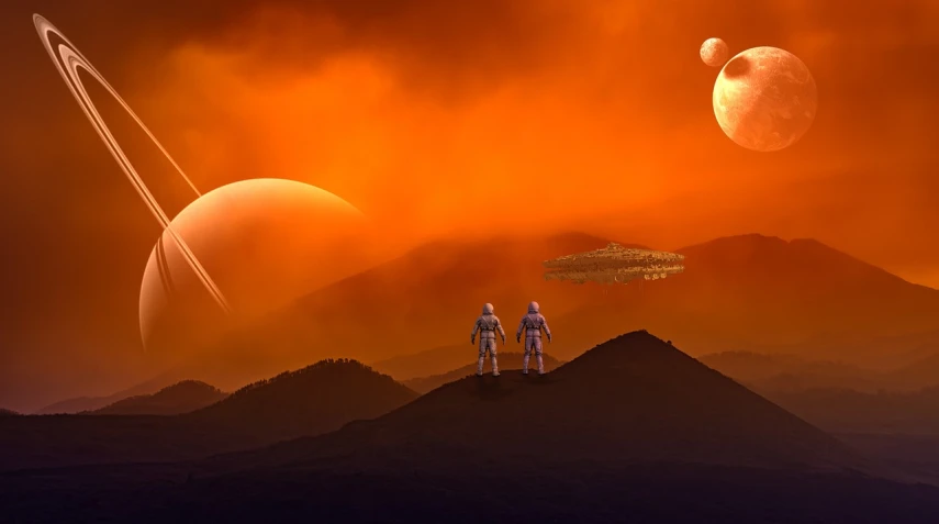 a couple of people standing on top of a mountain, cg society contest winner, space art, orange sky, focus on two androids, space walk scene, standing in the solar system