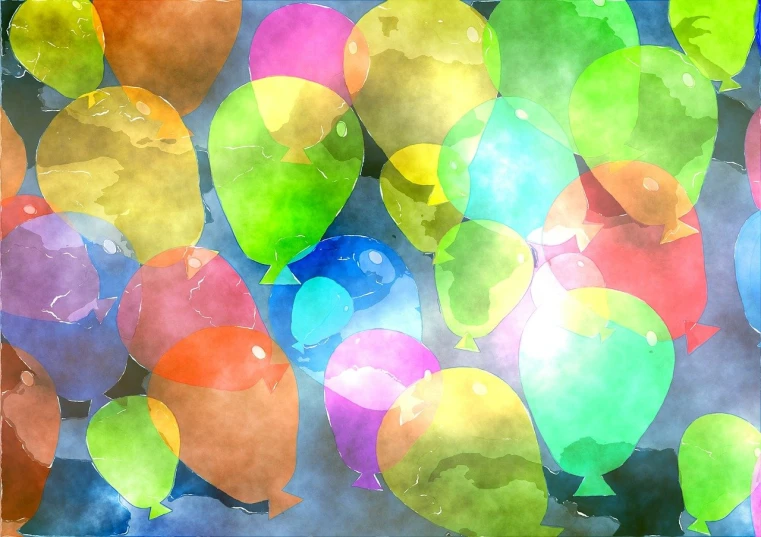 a bunch of colorful balloons floating in the air, a digital painting, inspired by Aaron Douglas, flickr, watercolor texture, ((water color)), floating translucent graphics, anime abstract art