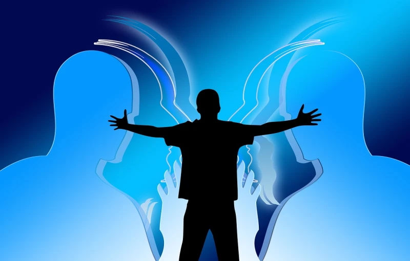 a man standing in front of a group of people, a picture, digital art, relaxed. blue background, wings growing out of arms, silhouette of a man, fully body photo