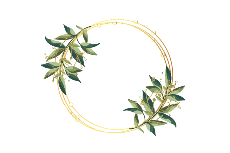 a gold wreath with green leaves on a black background, a digital rendering, pixabay, art nouveau, gold rings, delicate embellishments, enamel, thorn background. d&d