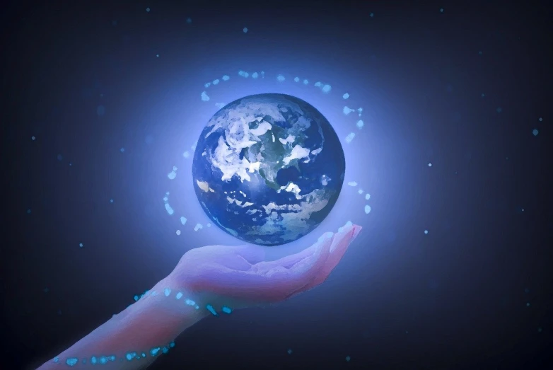 a person holding a glowing earth in their hand, digital art, by Joseph Werner, pixabay, lapis lazuli, close establishing shot, listing image, bottom angle