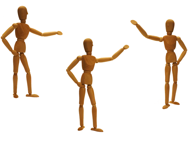 a couple of wooden mannequins standing next to each other, a raytraced image, by Susan Heidi, polycount, dancing a jig, with his back turned, stop frame animation, multiple poses