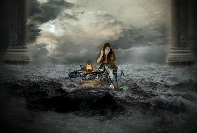 a woman sitting on top of a boat in the ocean, digital art, inspired by Tom Chambers, fantasy art, night sea storm, camera photo, girl with warship parts, mixed media style illustration