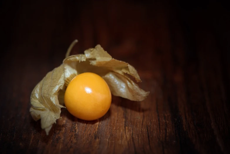 a yellow fruit sitting on top of a wooden table, a macro photograph, bittersweet, aged, miniature product photo