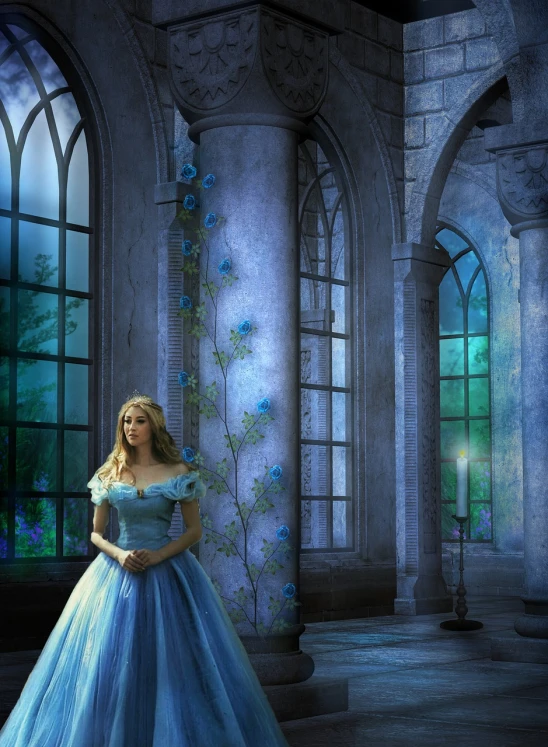 a woman in a blue dress standing in front of a window, a matte painting, inspired by Magali Villeneuve, fantasy art, blue rose, cinderella, gothic epic library, photomanipulation