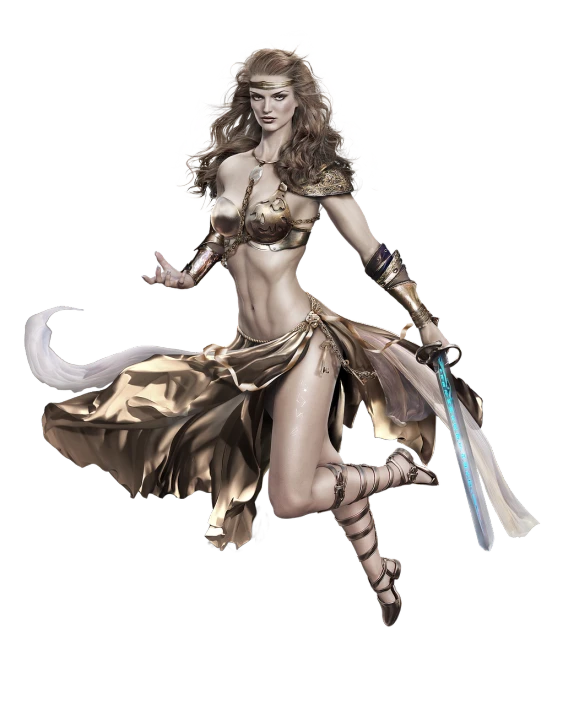 a woman in a gold dress holding a sword, concept art, inspired by Mark Brooks, featured on zbrush central, white loincloth, cory chase as an atlantean, cavewoman, new costume concept design