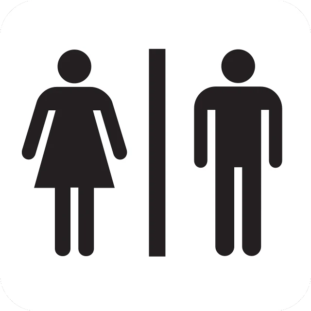 a black and white picture of a man and a woman, a cartoon, pixabay, toilet, symmetric, sign, albuquerque