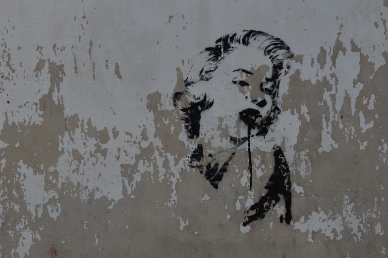 a painting of a man with a mustache on a wall, inspired by Banksy, pixabay, marilyn monroe portrait, scratched photo, background image, paint is falling off