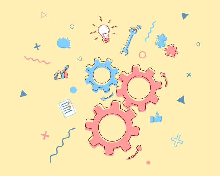 a bunch of gears on a yellow background, concept art, process art, cartoon style illustration, pink and blue colors, engineering diagram, on simple background