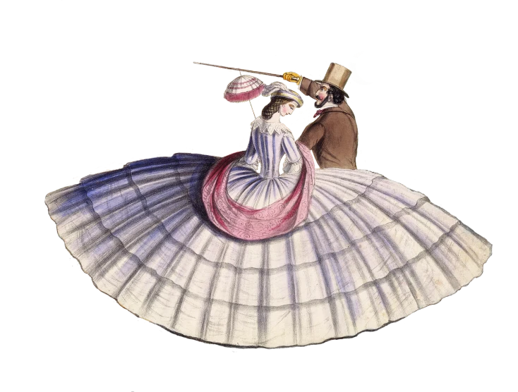 a drawing of a woman in a dress and a man in a top hat, a digital rendering, inspired by Richard Dadd, tumblr, romanticism, ballet, colored photo, round dance, vignette illustration