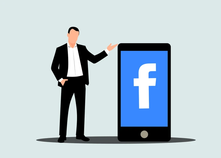 a man in a suit standing next to a phone with the facebook logo on it, trending on pixabay, digital art, flat vector art, with pointing finger, advertising photo, an ancient