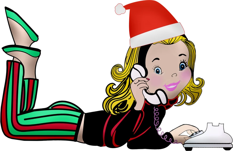 a woman in a santa hat talking on a phone, a cartoon, by Melissa Benson, pixabay, a blond, night!, header, petite girl