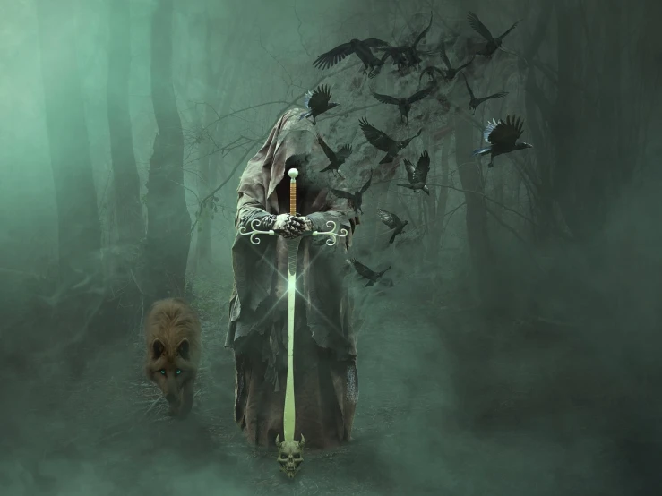 a person with a sword and a dog in a foggy forest, digital art, pixabay contest winner, digital art, crows as a symbol of death, medieval old king, with a green cloak, halloween wallpaper with ghosts