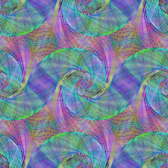 a multicolored background with a spiral design, inspired by Lorentz Frölich, detailed grid as background, iridiscent fabric, lime and violet, repeat pattern