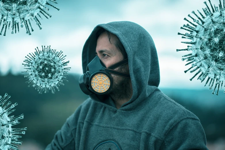 a man wearing a gas mask and a hoodie, a colorized photo, digital art, poster of corona virus, biohacking, cyberpunk pincushion lens effect, solar punk product photo