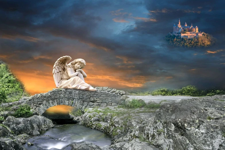 a statue of an angel on a bridge with a castle in the background, fantasy art, relaxing, angels in the sky, stone bridge, stunning screensaver
