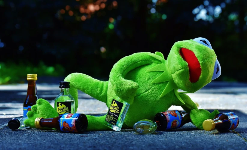 a green stuffed animal laying on the ground next to bottles of beer, by Ndoc Martini, photorealism, kermit the frog, dabbing, broken toys, mobile wallpaper