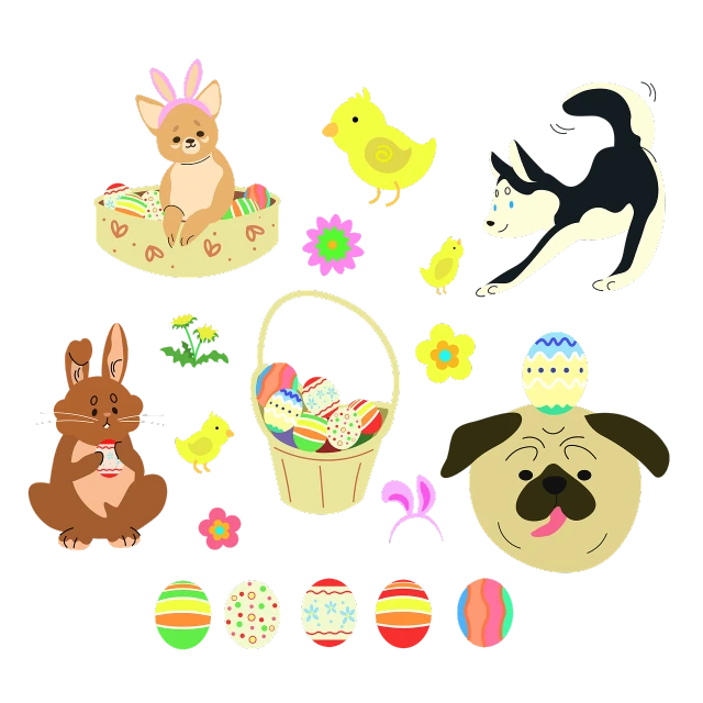 a bunch of animals and eggs on a black background, an illustration of, mingei, with an easter basket, full color illustration, a dog, cut and paste