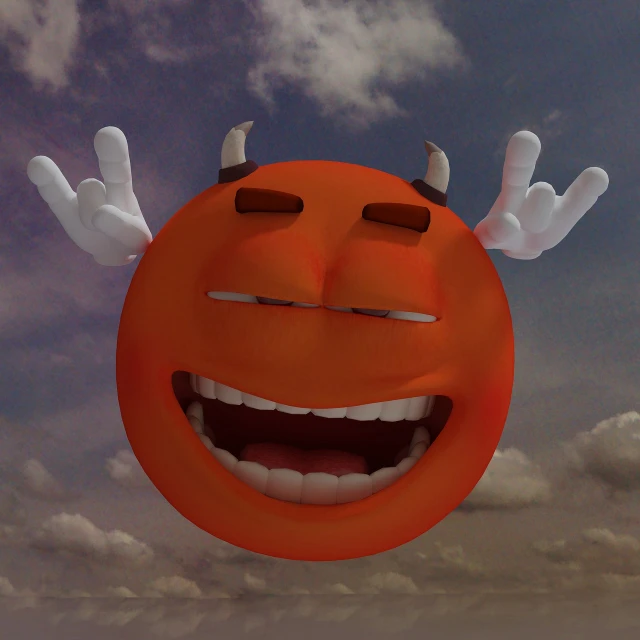 an orange with horns sticking out of it's mouth, a 3D render, inspired by Heinz Anger, tumblr, smiling in heaven, halloween, sky, sfm
