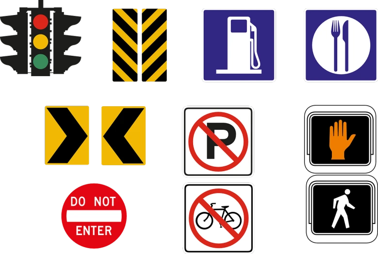 a bunch of different street signs on a black background, trending on pixabay, conceptual art, vehicle illustration, petrol, pixologic top row, pillar