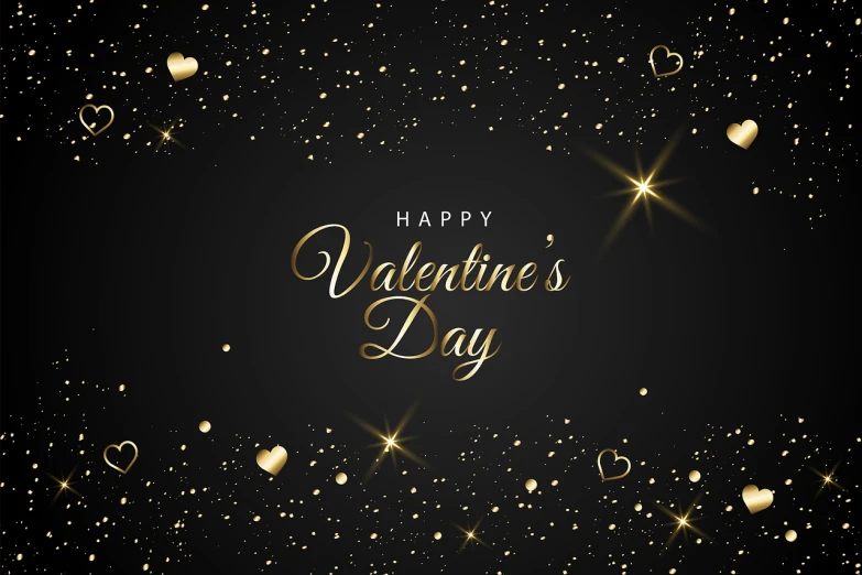 a black background with gold hearts and the words happy valentine's day, shutterstock, falling star on the background, sleek design, sandy, shiny and sparkling