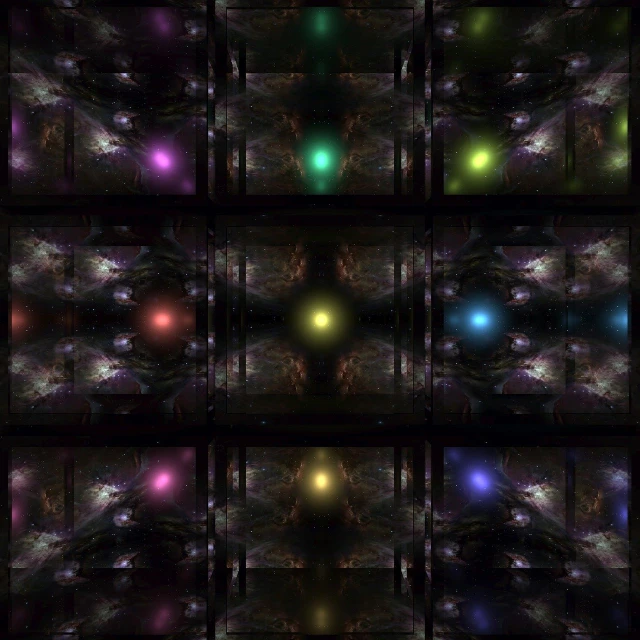 a bunch of different colored lights in a dark room, digital art, inspired by Ross Bleckner, grid montage of eyes, metallic nebula, 50mp, nine separated hd