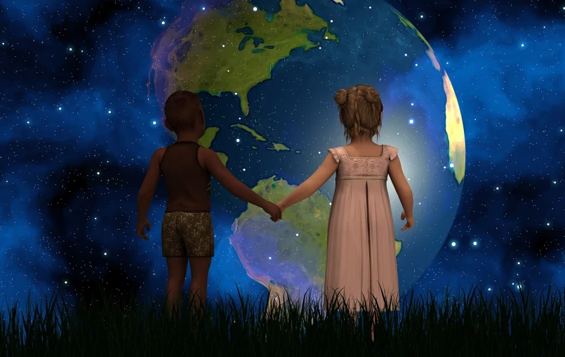 a couple of kids holding hands in front of a planet, a digital rendering, inspired by Sophie Anderson, pixabay, iray, goodnight, by greg rutkowski, heaven on earth