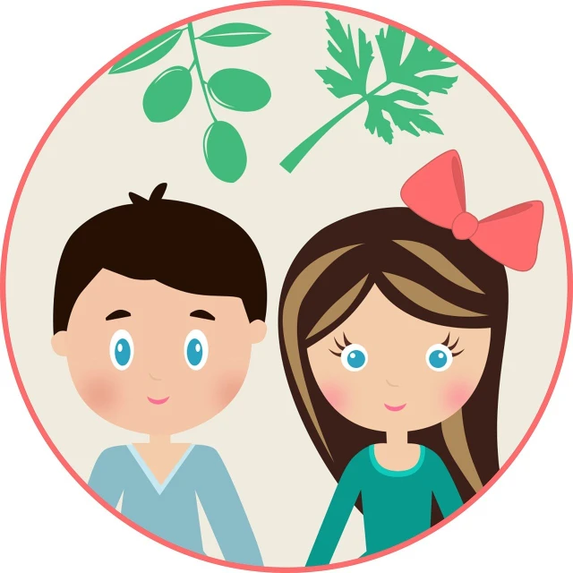 a man and a woman standing next to each other, a picture, naive art, clipart icon, romantic greenery, round circle face, children illustration