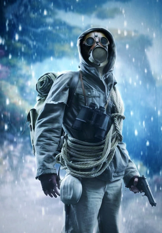 a man in a gas mask holding a gun, inspired by Aleksander Gierymski, digital art, only snow i the background, background image, japan soldier in world war 2, iphone background