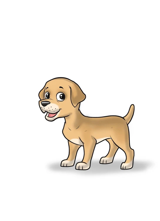 a cartoon dog standing in front of a white background, an illustration of, by Hugh Hughes, pixabay, puppies, sharp high detail illustration, slightly golden, lab in the background