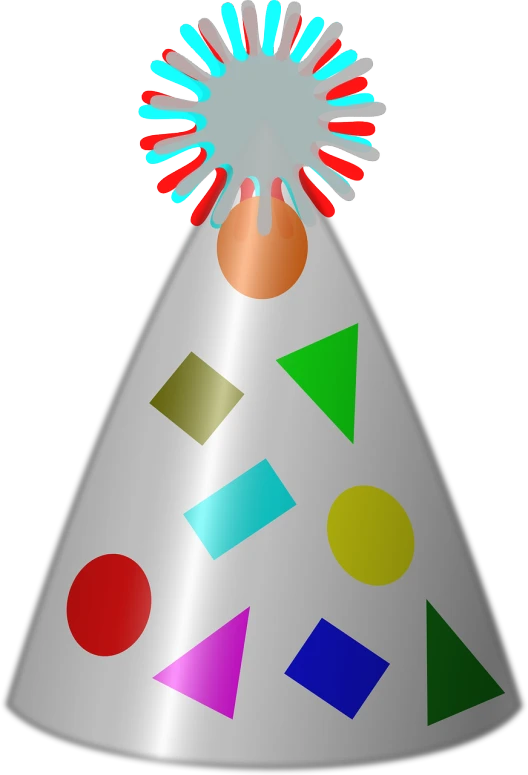 a party hat with geometric shapes on it, by Henryka Beyer, pixabay, computer art, silver, multicolored vector art, simple primitive tube shape, happy birthday candles