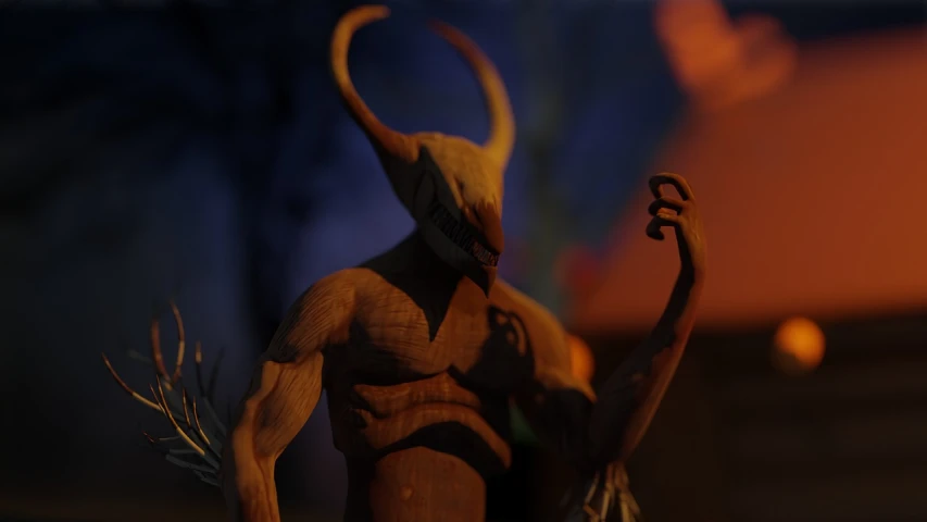 a close up of a figurine of a man with horns, by Maxwell Bates, polycount contest winner, digital art, still from animated horror movie, fire demon, evil standing smiling pose, abstract claymation