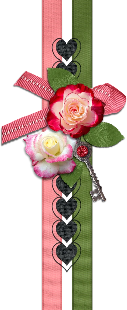 a pink rose sitting on top of a green and pink ribbon, inspired by Cindy Wright, keys, photoshop collage, scarlet, tag heur