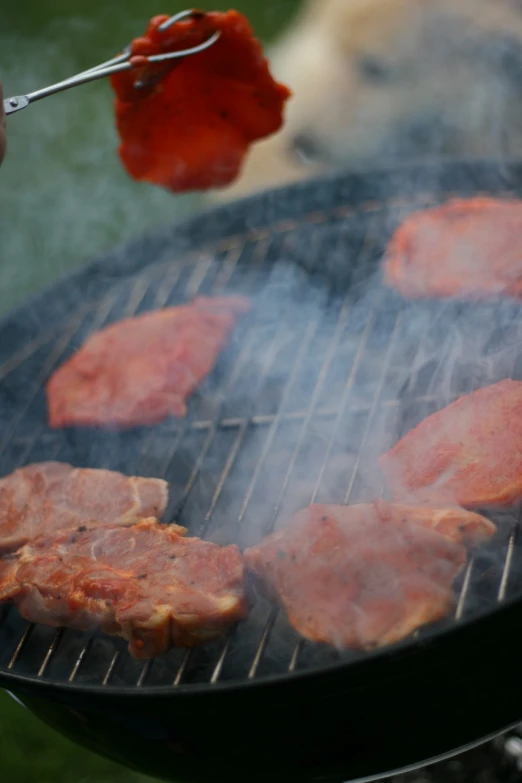 a person is cooking meat on a grill, a picture, by Matt Cavotta, figuration libre, photograph credit: ap, floating in smoke, istockphoto, ultrafine detail ”