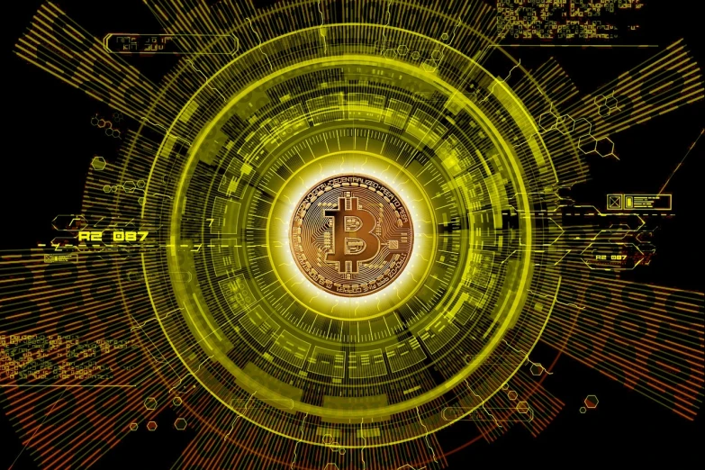 a digital image of a bitcoin in a circle, by Zoran Mušič, trending on pixabay, digital art, cyber steampunk, fibonacci pattern, breakthrough is iminent, integrated synthetic android