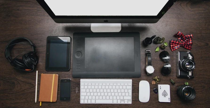 a desktop computer sitting on top of a wooden desk, knolling, josh black, featured art, high-tech devices